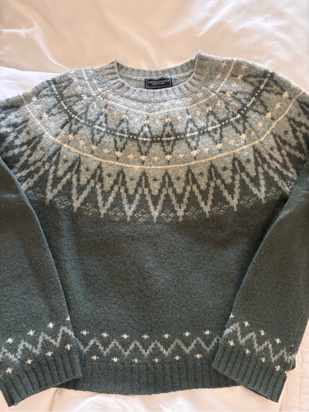 American Eagle Outfitters Green and Cream Fair Isle Crewneck Sweater PREPPY M